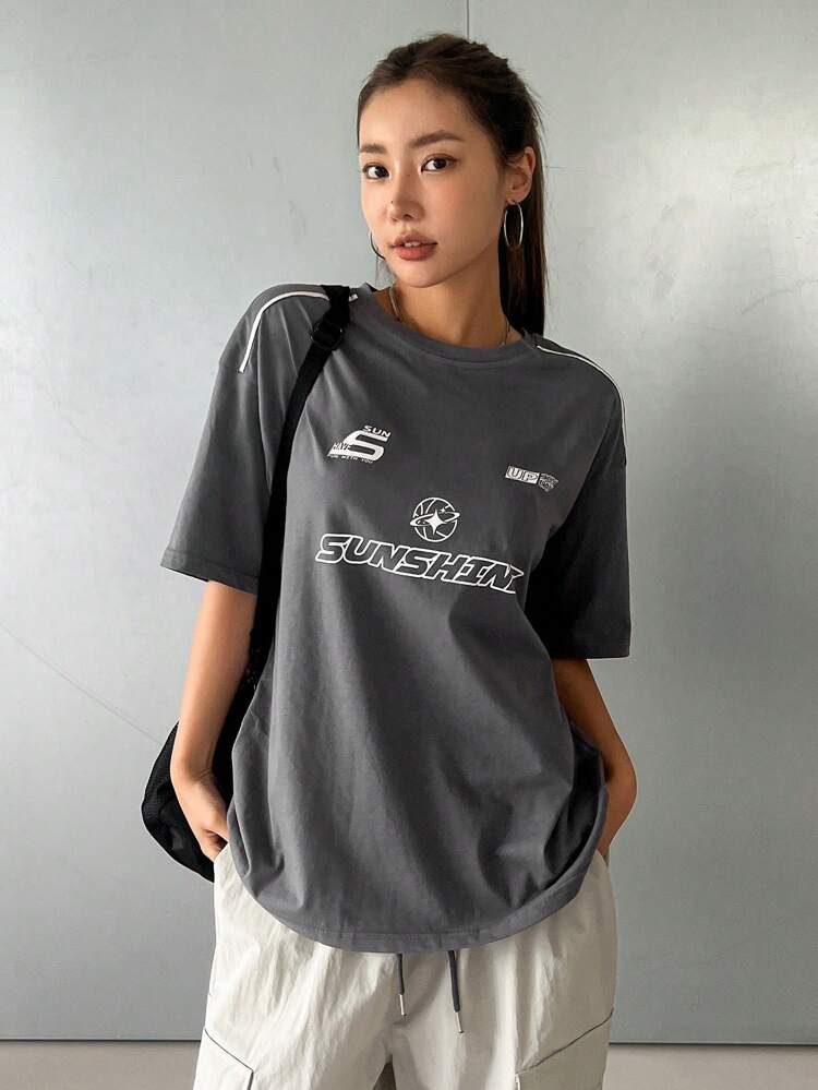 Letter Graphic Drop Shoulder Tee Jersey Oversized T-Shirt Streetwear Preppy Tops