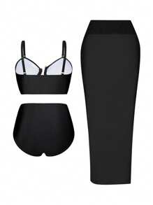 Swim Oasis 3 件/套大码女式 Oasis 高端黑色紧身胸衣上衣，配有可拆卸肩带、金色配饰、高腰裤套装，搭配黑色网眼纱笼，夏日海滩度假 - 黑色 - 查看 3