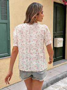 Serisse Women's Floral Print Contrast Lace Ruffle Short Sleeve Fashion Blouse Summer Vacation Flower - Apricot - View 2