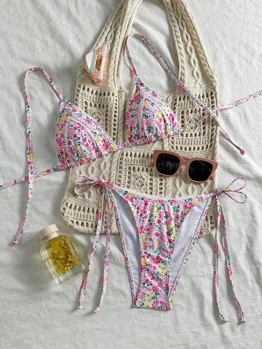 Swim Mod 2pcs Set Floral Lace Trim Sexy Lace-Up Women Swimwear Bikini Set - Multicolor - View 1