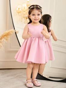 SHEIN Vestido de satén sin mangas rojo para niñas pequeñas estilo princesa con lazo, adecuado para fiestas - Rosa - Ver 5