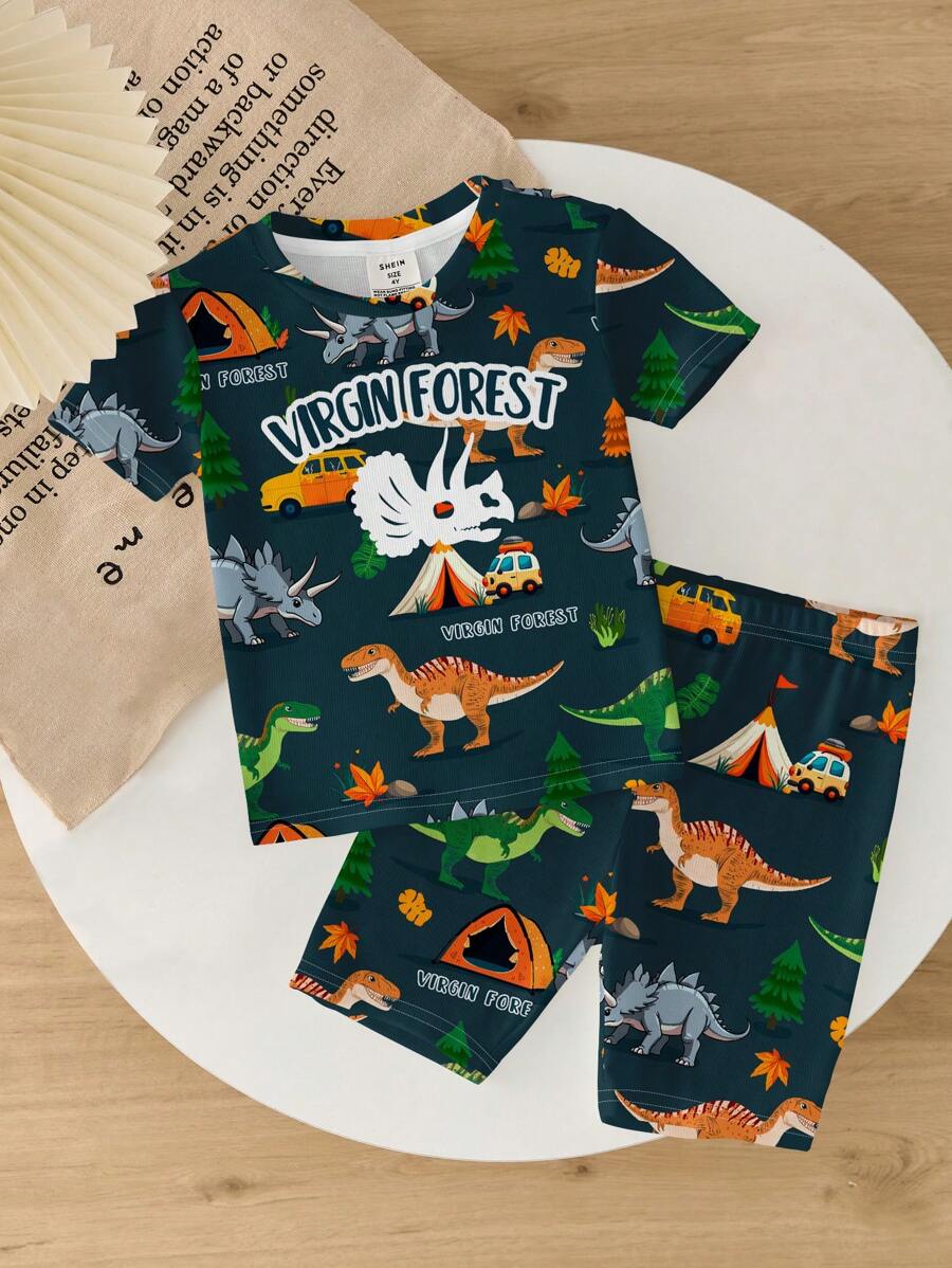 Young Boy Casual Minimalist Dinosaur Print Green Snug Fit Round Neck Short Sleeve & Shorts Homewear Set, Suitable For Spring/Summer - Multicolor - View 1