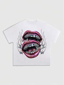 ROMWE MEN Street Life Men's Street Round Neck Short Sleeve Lip Print Casual T-Shirt, Daily Wear
