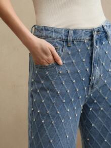 Anewsta Jeans rectos de mujer con piedras preciosas y bordados de lujo, ideales para festivales, uso casual y elegante