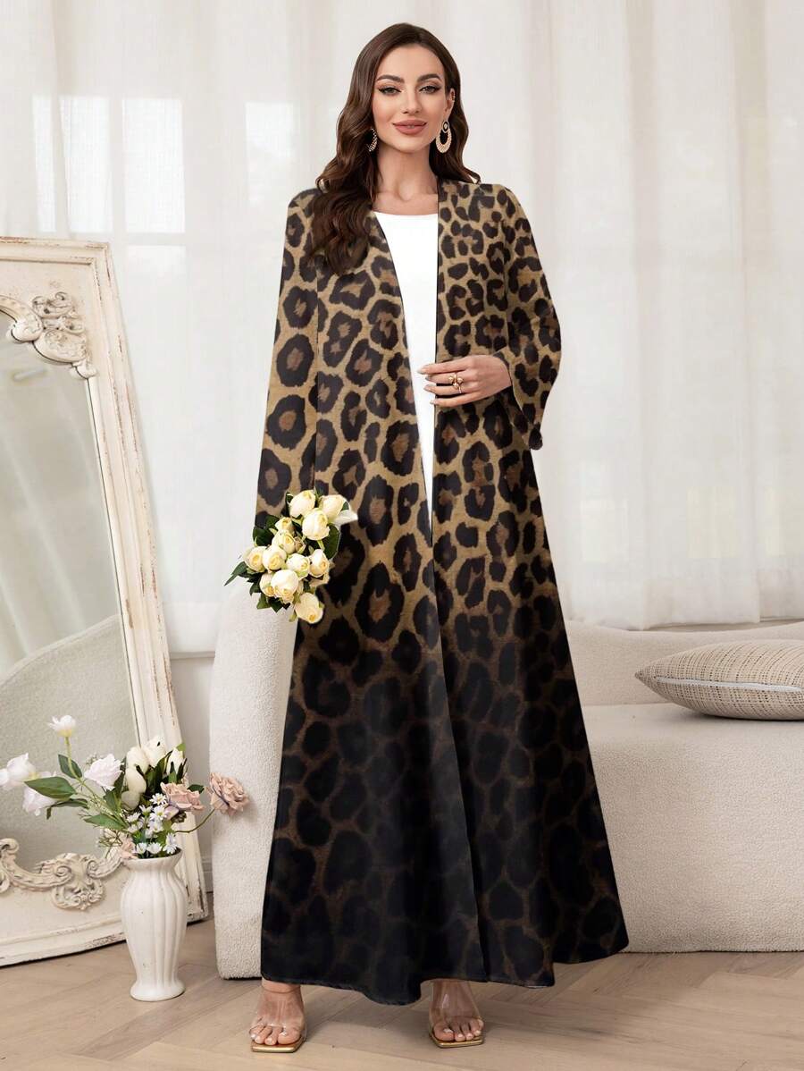 Al Najma 女士宽松长袖渐变色豹纹长袍，端庄长袍 - 棕色 - 查看 1