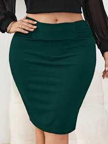 SHEIN Tall CURVE Plus Size Solid Color Pleated High Waist Bodycon Green Skirt - Dark Green - View 6