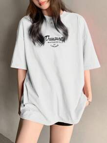 DAZY Ladies' Letter Print Drop Shoulder T-Shirt Summer Oversized T-Shirt - White - View 6