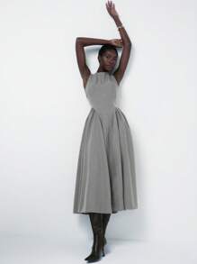 Aveloria Modichic فستان للنساء بخصر مطاطي مجعد مع شق بجيبين مرن بطراز أنيق لائق للتنقل بسيط وعملي