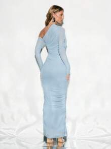 KIZN 不对称褶皱网眼紧身连衣裙晚礼服地板长度单肩长袖特殊场合婚礼宾客礼服 - 藍色 - 查看 2