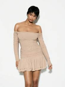 KIZN Bardot Long Sleeve Ruched Mesh Mini Dress With Ruffle Hem - Khaki - View 7