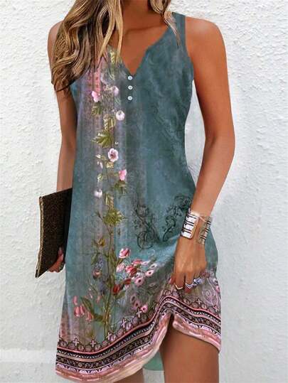 EMERY ROSE Women's Floral Printed Notched V-Neck Sleeveless Dress