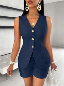 SOLERSUN Solid Button Front Vest Blazer & Shorts - Navy Blue - View 3