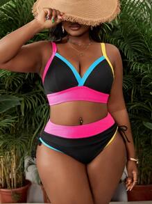 Slaydiva Plus Size 2pcs Colorblock High Waist Drawstring Side Minimal Ribbed Casual Vacation Sports Modest Swimwear For Women, Suitable For Beach, Pool & Party For Summer - Multicolor - View 4