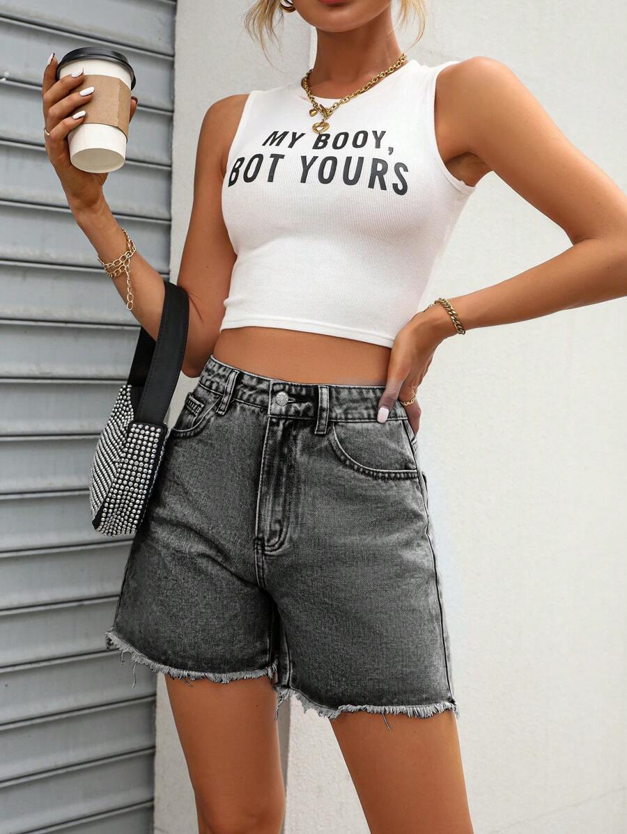 Retro Distressed Raw Hem High Waist Button Denim Shorts - Light Grey - View 1