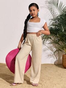 SHEIN Tween Girls Casual Solid Color Straight Leg Pants - Apricot - View 5