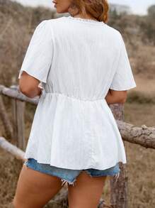Franclia Plus Size Women European And American Style Fashion Versatile Floral Embroidery Patchwork Short Sleeve Blouse