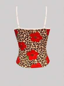 豹纹与花卉印花可调节肩带吊带背心，夏季