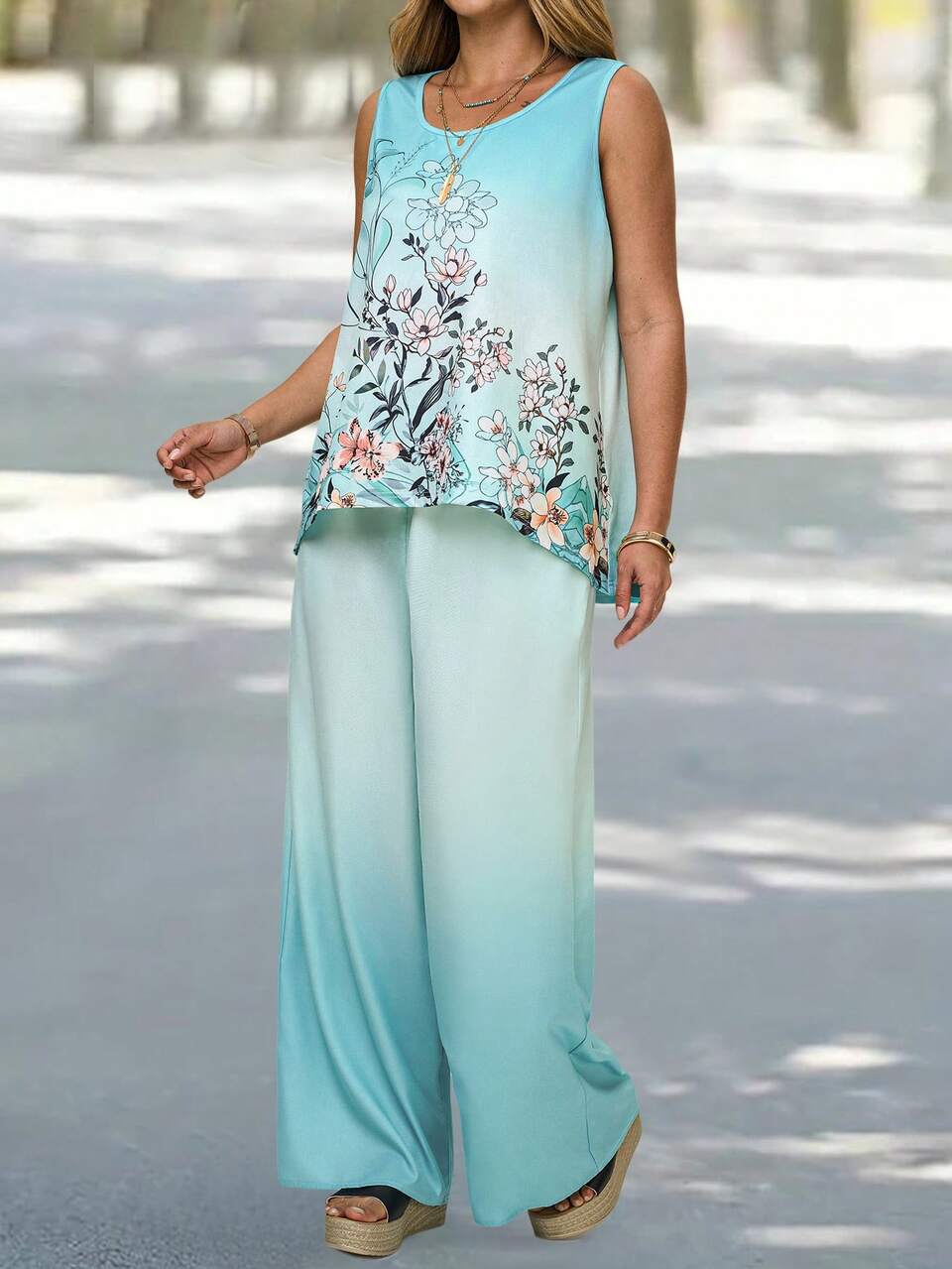 2pcs Plus Size Floral Print Gradient Color Sleeveless Top And Pants Set, Casual Vacation Outfit