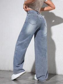 Casual Washed High Waist Straight Leg Jeans - Medium Wash - View 3