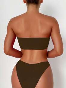 SHEIN Swim 女士 2 件纯色比基尼泳装套装，抹胸上衣和三角泳裤 - 棕色 - 查看 2