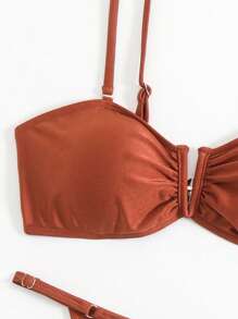 Swim Chiccia Summer New Style Solid Color Off-Shoulder Removable Strap V-Neck Sexy Crop Top And Thong Bikini Beach 2 Pieces Swimwear - Rust Brown - View 5