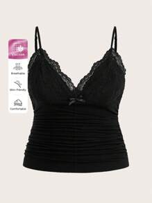 SHEIN ICON 加大尺碼女性夏季對比蕾絲褶皺背心上衣 - 黑色 - 查看 5