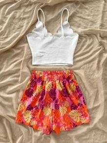 Soleia Conjunto de 2 piezas para mujer de camiseta sin mangas con borde de concha bordada de flores tropicales y pantalones cortos informales de cintura elástica con volantes y bolsillo, estampado floral colorido, para vacaciones de primavera y verano, conjunto de tarde de té