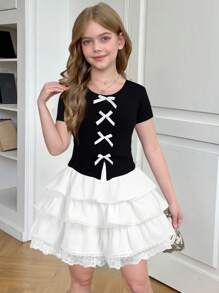 SHEIN Leap Crew Tween Girls Casual Ribbed Knit Solid Color Bow Decor Slit Sleeve Fitted T-Shirt, Black T-Shirt, Back To School, Y2K, Fashion Street, Sweet And Cool Girl - Black - View 3