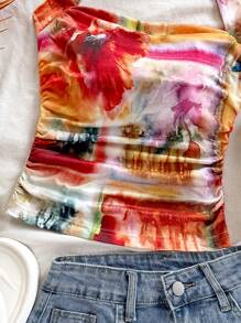 Soleia Summer For Women,Western Wear Women,Summer Tops,Crop Tops Women,Concert Women,Rave Festival,Cruise Attire Women,Birthday For Women,Going Out Tops,Vacation Woman,Tank Tops Women,Vacation Women's Colorful Tie Dye Floral Print Pleated Halter Backless Tank Top With Bowknot - Multicolor - View 6