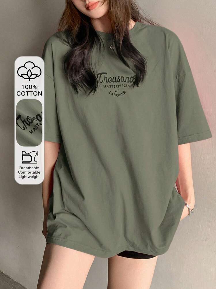 Women's Letter Print Drop Shoulder T-Shirt Thousand MASTERPIECES OF LABORER Summer Oversized T-Shirt