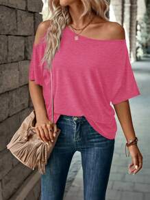 SHEIN LUNE Women Off-Shoulder Casual Loose Solid Color T-Shirt