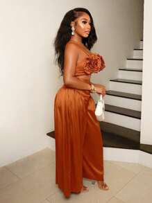 BamGleam 2025 年春夏女士两件套超大阔腿裤和三维花卉装饰背心，适合街头时尚派对和婚礼 - 亮橙色 - 查看 3