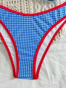 Swim Mod 2 件套 Springbreak 格纹印花撞色边饰三角形上衣和高腰泳裤可爱比基尼套装，夏季 - 藍色 - 查看 4