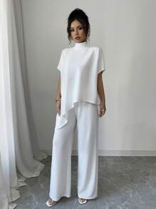 Elenzga 2 chiếc/bộ áo cánh và quần dài cổ đứng không đối xứng cho nữ - trắng - Xem 5