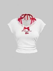 ROMWE Kawaii 樱桃刺绣格子拼布蝴蝶结装饰女式夏季 T 恤 - 白色 - 查看 1