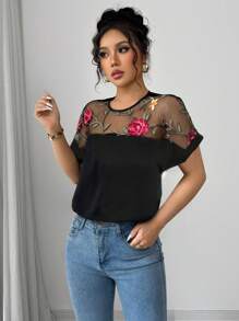 Elenzga Embroidered Floral Mesh Patchwork Casual Short Sleeve T-Shirt, Suitable For Daily Wear - Black - View 5