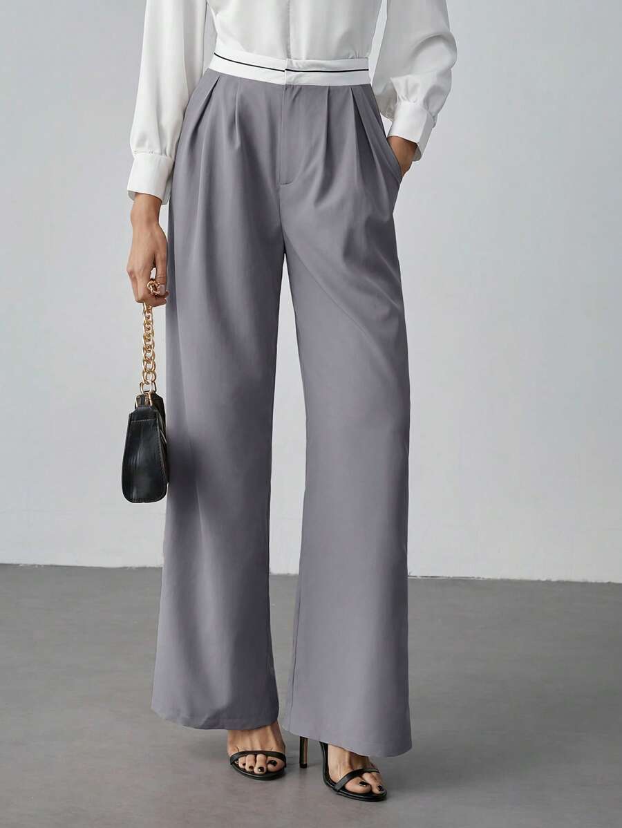 SHEIN Tall Contrast Color Pocket Casual Suit Wide-Leg Pants - Grey - View 1