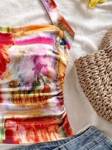 Soleia Summer For Women,Western Wear Women,Summer Tops,Crop Tops Women,Concert Women,Rave Festival,Cruise Attire Women,Birthday For Women,Going Out Tops,Vacation Woman,Tank Tops Women,Vacation Women's Colorful Tie Dye Floral Print Pleated Halter Backless Tank Top With Bowknot - Multicolor - View 5