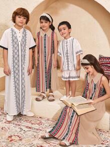 SHEIN Vestito senza maniche da ragazza pre-adolescente, casual ed elegante, con colletto e motivo retrò a colori - Beige - Visualizzare 6