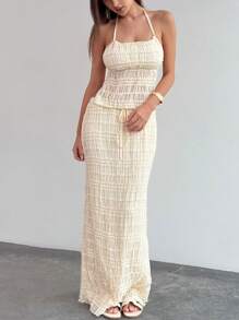 Aloruh 2 件套女士优雅纯色纹理露背吊带上衣和裙子