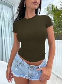 SHEIN ICON Women Casual Versatile Solid Color Short Sleeve T-Shirt - Army Green - View 3