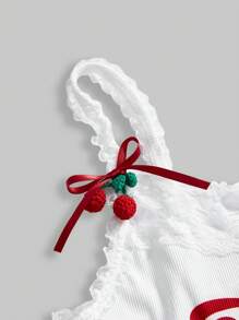 ROMWE Kawaii 2 件套女童休闲樱桃印花蕾丝拼接吊带背心和褶皱超短裤套装 - 彩色 - 查看 6