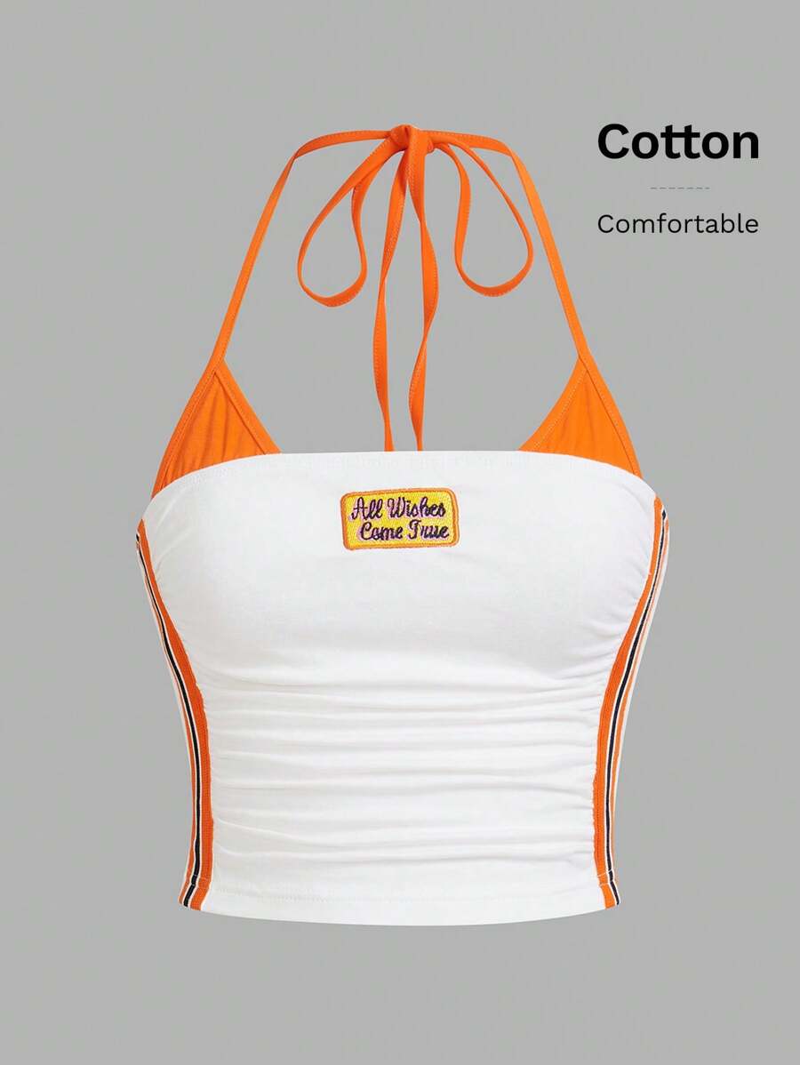 SHEIN ICON Trang phục mùa hè Y2k Áo crop top khối màu thông thường có dây buộc tương phản thêu chữ Bikercore, Slim Fit - trắng - Xem 1