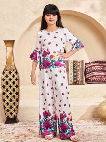 SHEIN Tween Girl Loose Casual Round Neck Ruffle Hem Floral Rose Print Top And Pants 2 Pieces Set, Spring/Summer