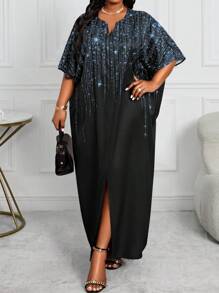 SHEIN Lady 女式闪亮印花缺口 V 领蝙蝠袖宽松长裙