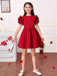SHEIN Tween Girl Solid Color Rose Flower Ruffle Hem Zipper Short Sleeve Dress