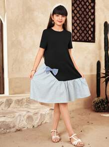 SHEIN Tween Girls Loose Casual Simplified Comfy Round Neck Pullover Patchwork Plaid Bow Decor Dress - Black - View 7
