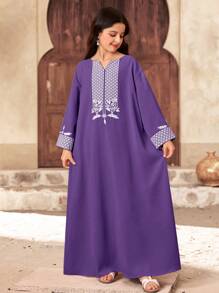 SHEIN Leap Crew Tween Girl Loose Casual V-Neck Long Sleeve Vintage Pattern Dress - Purple - View 2