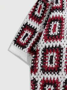 ROMWE MEN Casual Men's Loose Raglan Geometric Pattern Hollow Knitted Short Sleeve Sweater,Vacation - White - View 5