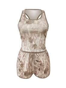 INAWLY Set de 2 piezas de camiseta y shorts casuales con estampado de ramitas, ajustado a la figura, para mujer